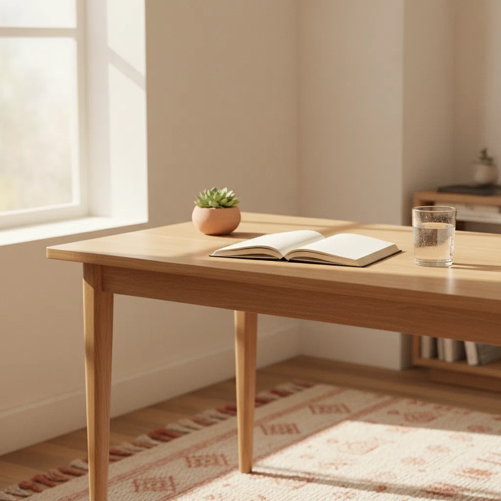 A clean bright workspace with a notebook, a small potted plant, and a glass of water on a light oak desk