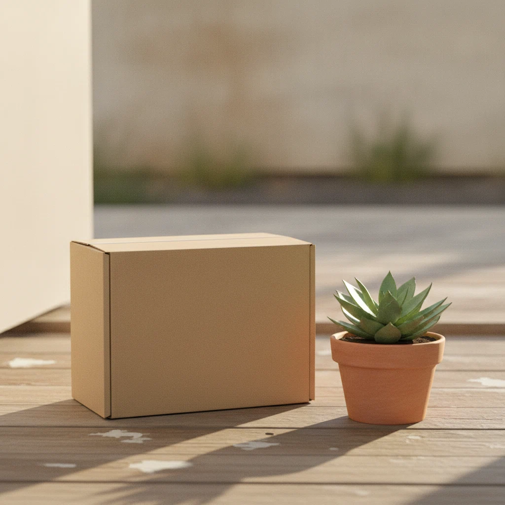 A neat plain kraft parcel box placed on a doorstep beside a potted plant in warm daylight