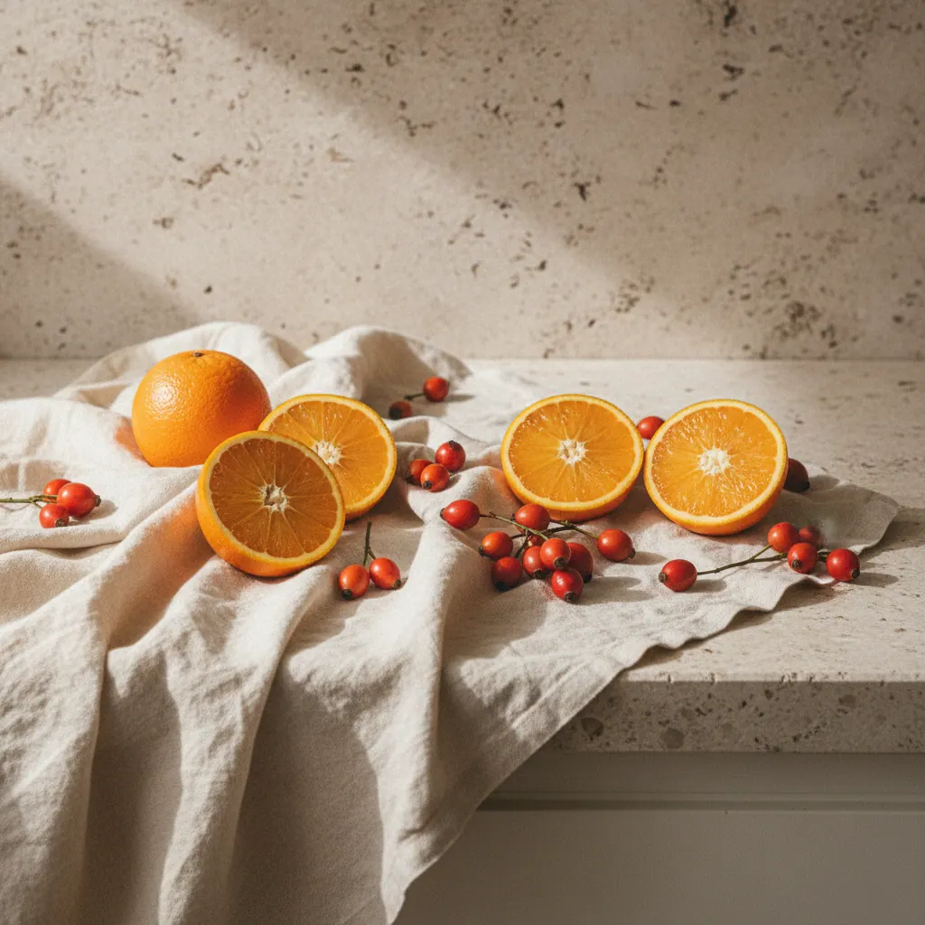 Fresh citrus fruits and rosehip berries arranged on a light stone kitchen surface