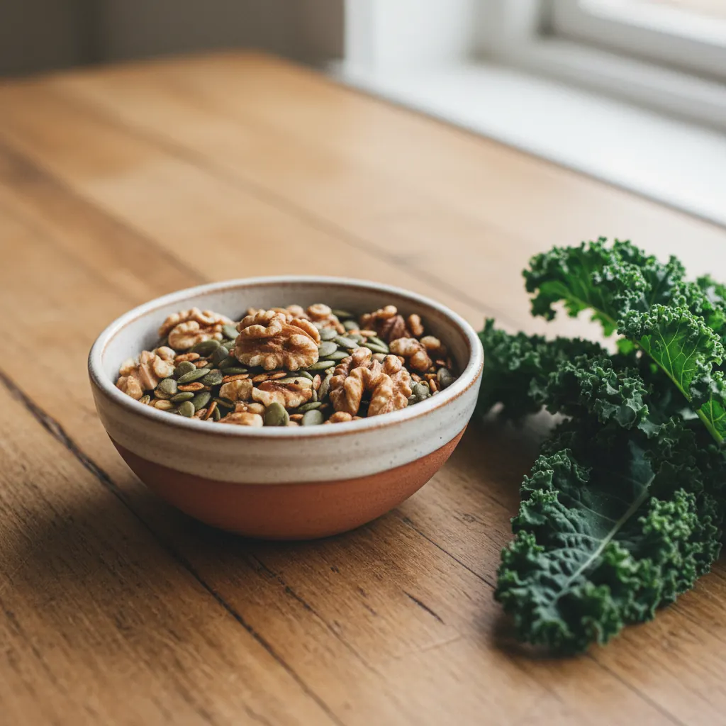 Mixed nuts, pumpkin seeds, and dark leafy greens in ceramic bowls on a wooden kitchen table