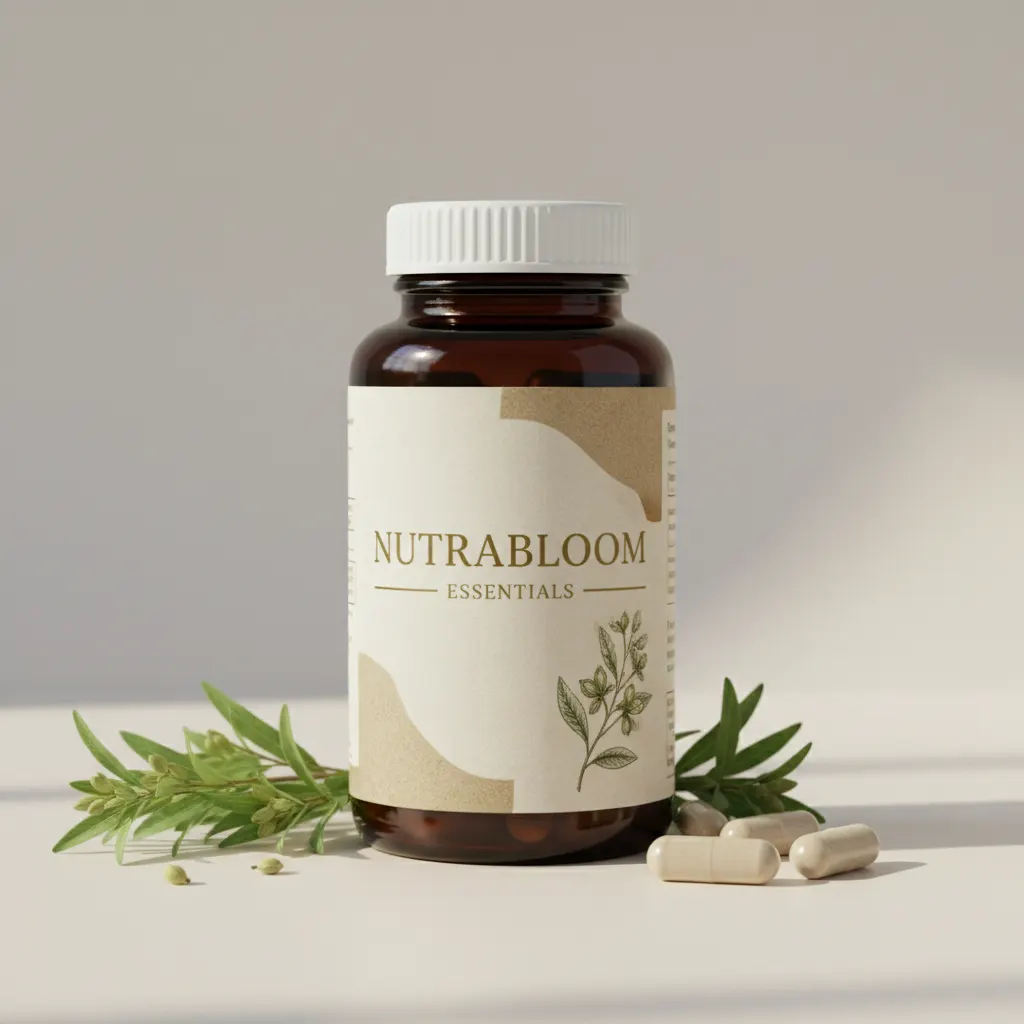 NutraBloom Essentials white supplement bottle with label on a stone surface